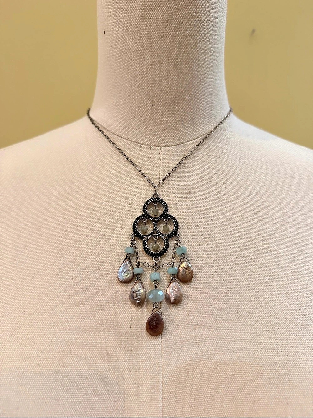 David Aubrey Statement Beaded Pendant Necklace in Brown & Blue NWT